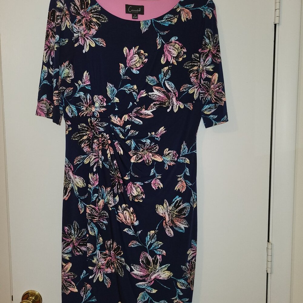 Connected Apparel Blue Floral Dress, Size 14. Faux front skirting.